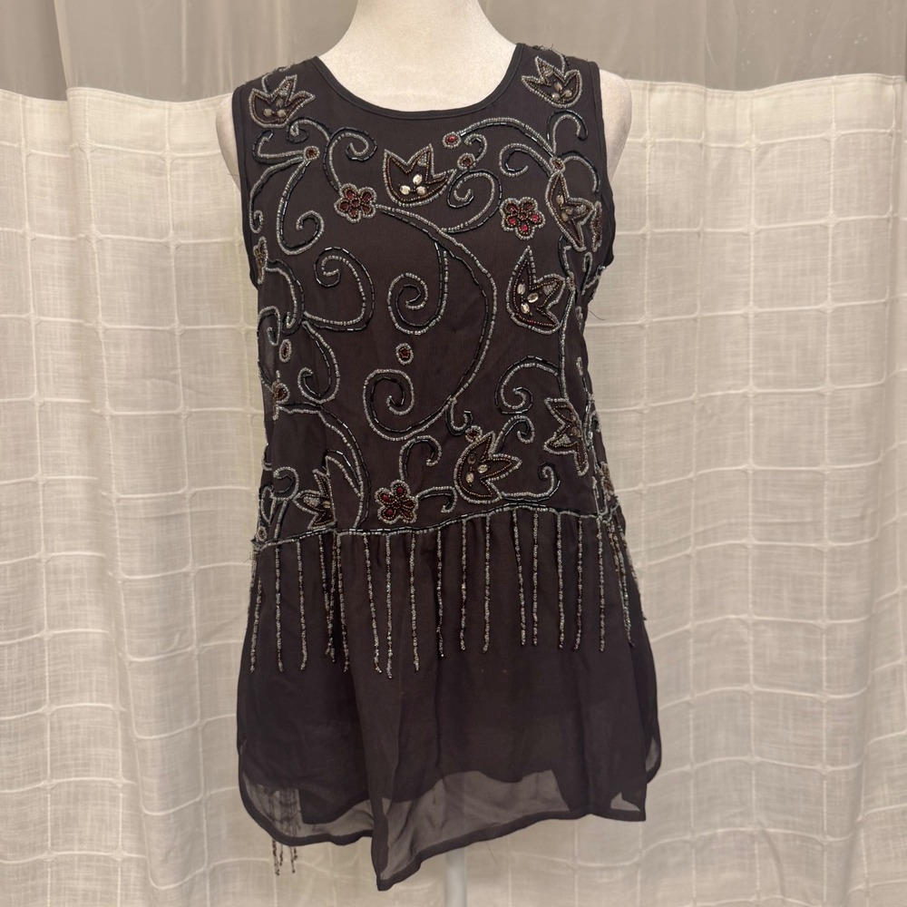 HYDEpark Brown Beaded Fringe Tank Top Crochet Lace Back Cutout Small Boho Indie